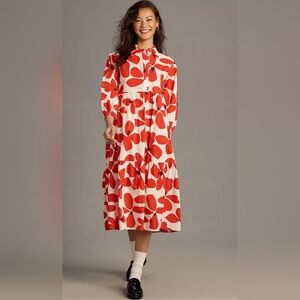 Anthropologie Maeve The Bettina Tiered Shirt Midi Dress Red & White Size M